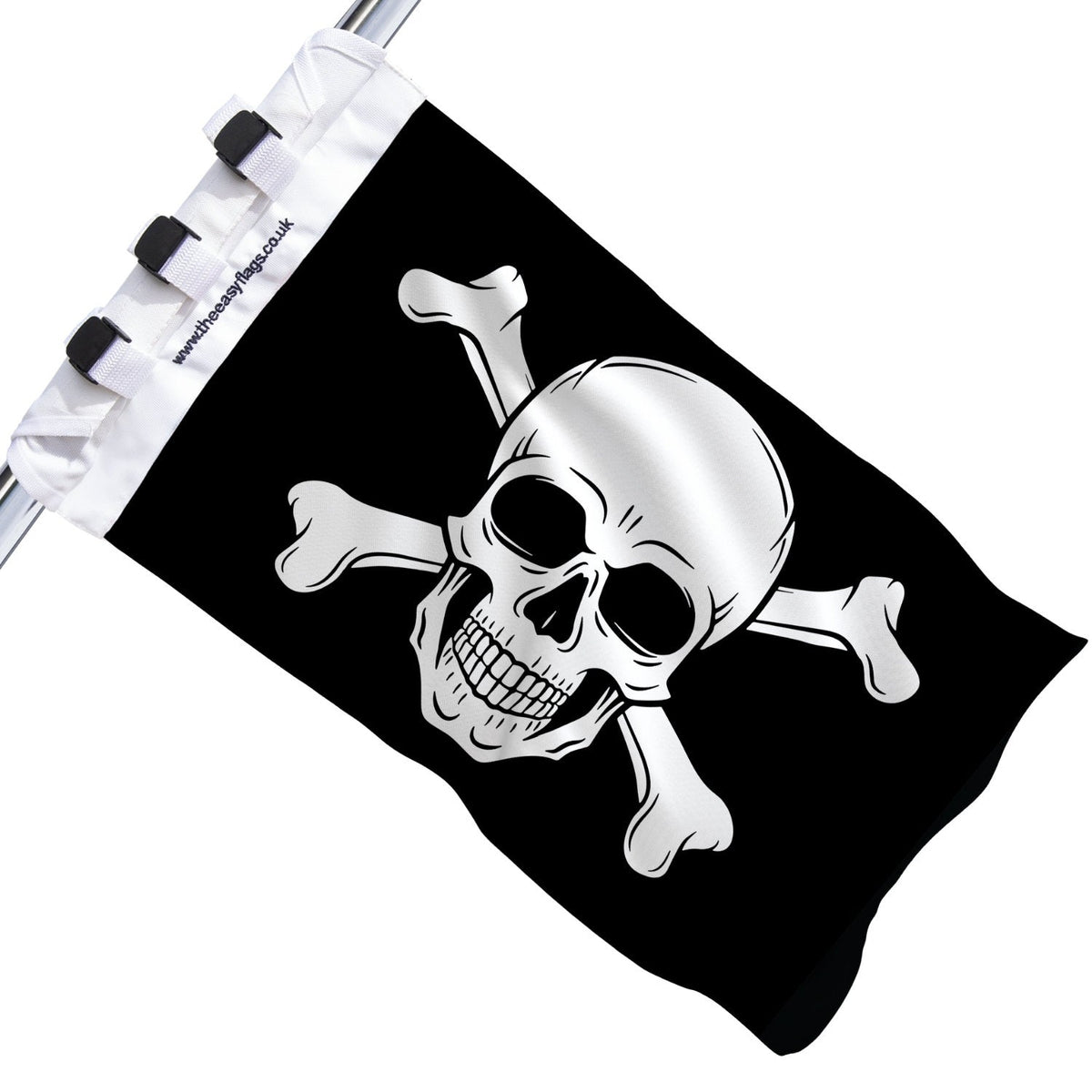 Black Jolly Roger pirate flag with skull and crossbones, mounted on a boat rail using a universal triple-lock system, shown against a plain white background
