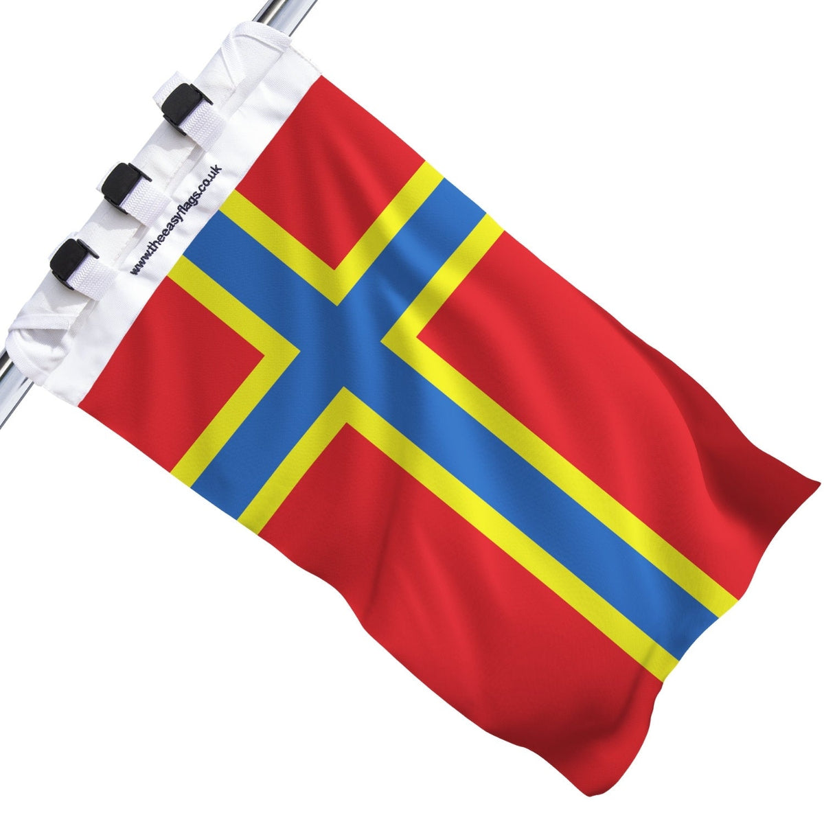 Orkney county flag with red background and blue Nordic cross outlined in yellow, mounted on a boat rail using a universal triple-lock system, shown against a plain white background