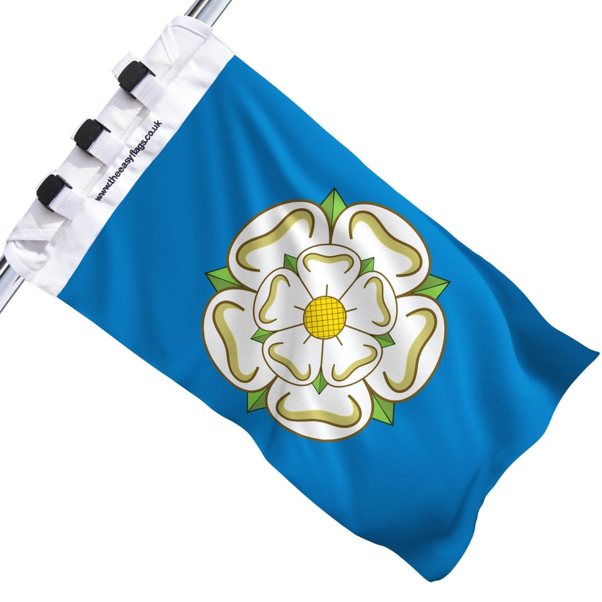 Yorkshire county flag with blue background and white rose emblem outlined in gold, with green sepals and yellow centre, mounted on a boat rail using a universal triple-lock system, shown against a plain white background