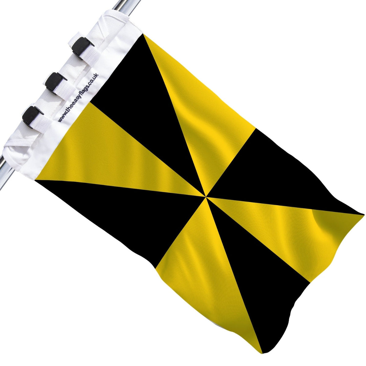 Argyll and Bute county flag with bold alternating yellow and black triangular segments in a radial pattern, mounted on a boat rail using a universal triple-lock system, shown against a plain white background