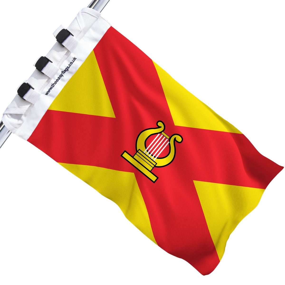 Ayrshire county flag with red background and bold yellow saltire, featuring a golden harp emblem at the centre, mounted on a boat rail using a universal triple-lock system, shown against a plain white background