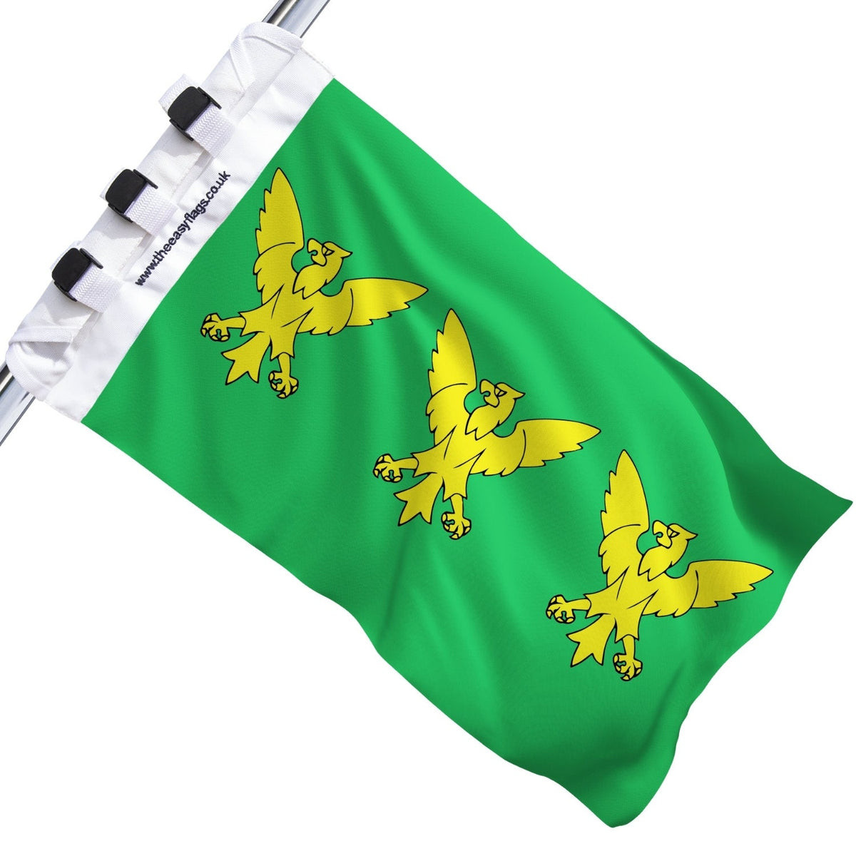 Caernarfonshire county flag with green background and yellow bird emblem, mounted on a boat rail using a universal triple-lock system, shown against a plain white background