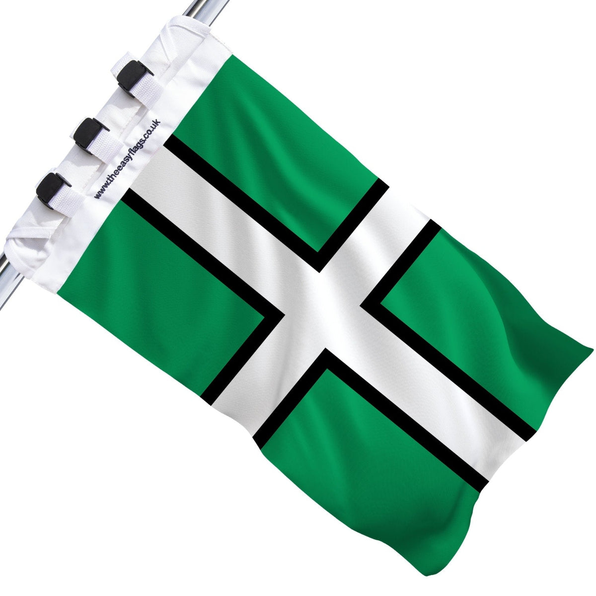 Devon county flag with green field, black cross outlined in white, mounted on a boat rail using a universal triple-lock system, shown against a plain white background