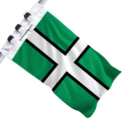 Devon county flag with green field, black cross outlined in white, mounted on a boat rail using a universal triple-lock system, shown against a plain white background