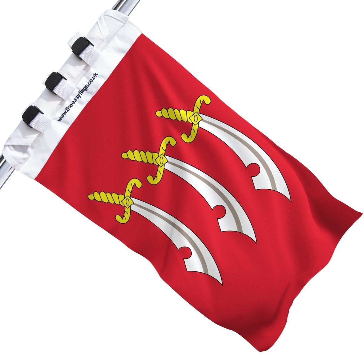 Essex county flag with red background and three white seaxes (swords), mounted on a boat rail using a universal triple-lock system, shown against a plain white background