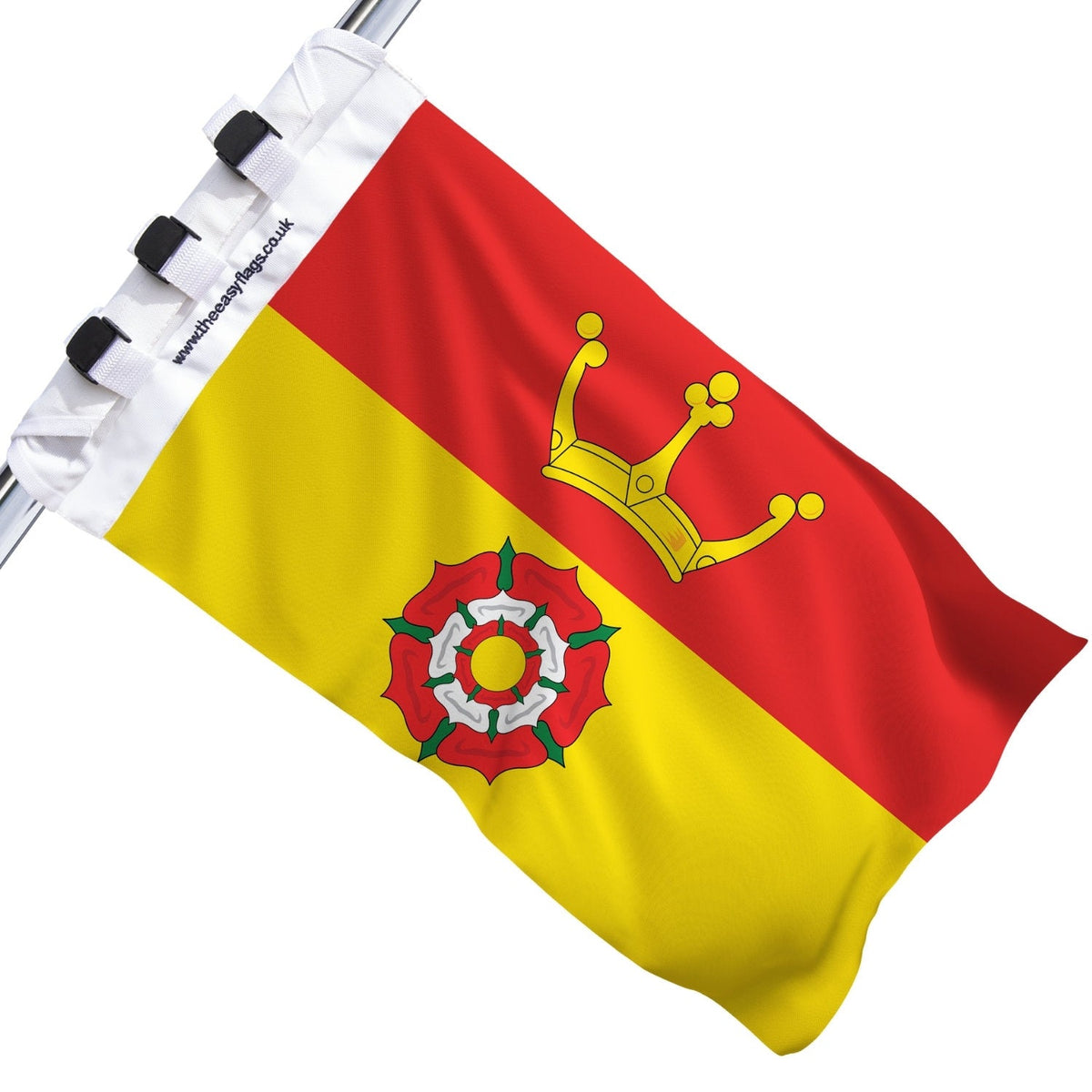 Hampshire county flag with red background, gold castle and Tudor rose, mounted on a boat rail using a universal triple-lock system, shown against a plain white background