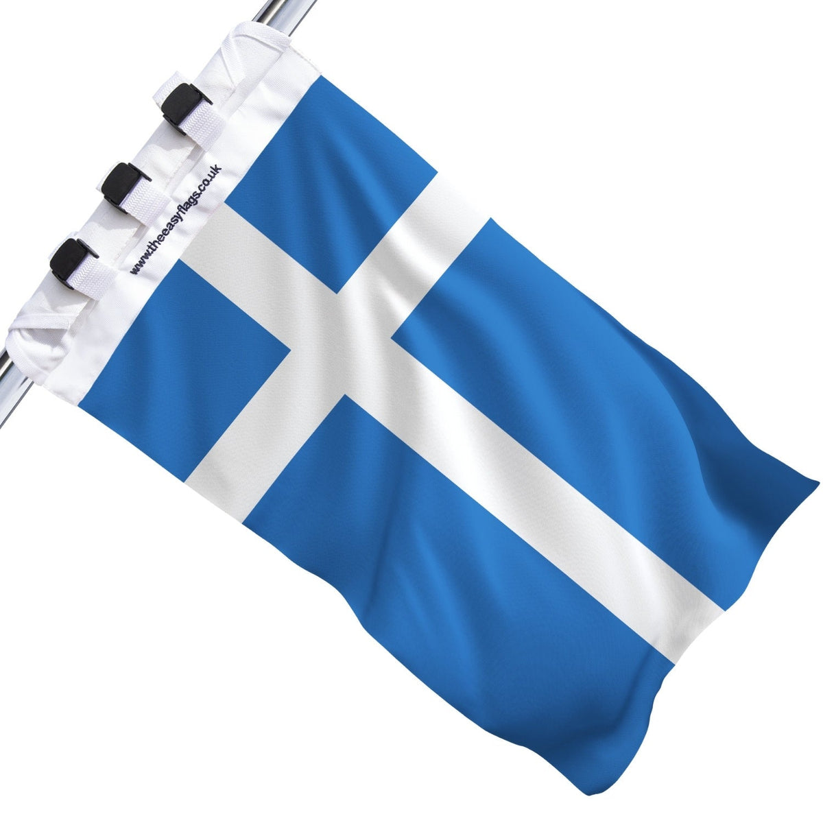 Shetland Islands county flag with blue background and white Nordic cross, mounted on a boat rail using a universal triple-lock system, shown against a plain white background