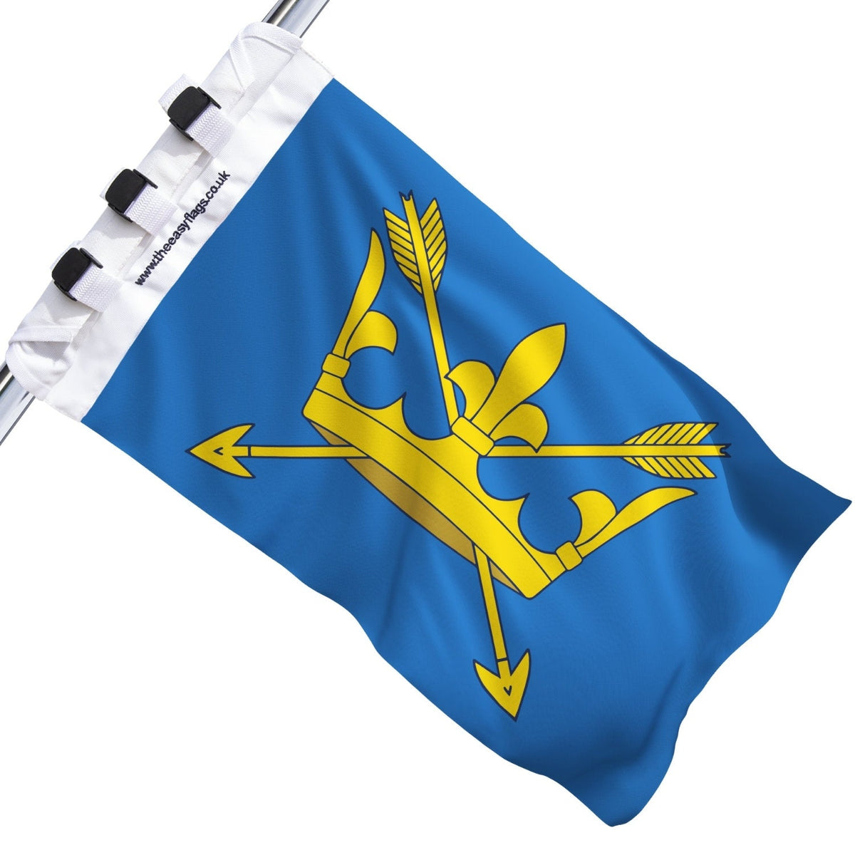 Suffolk county flag with blue background and golden crown pierced by two arrows, mounted on a boat rail using a universal triple-lock system, shown against a plain white background